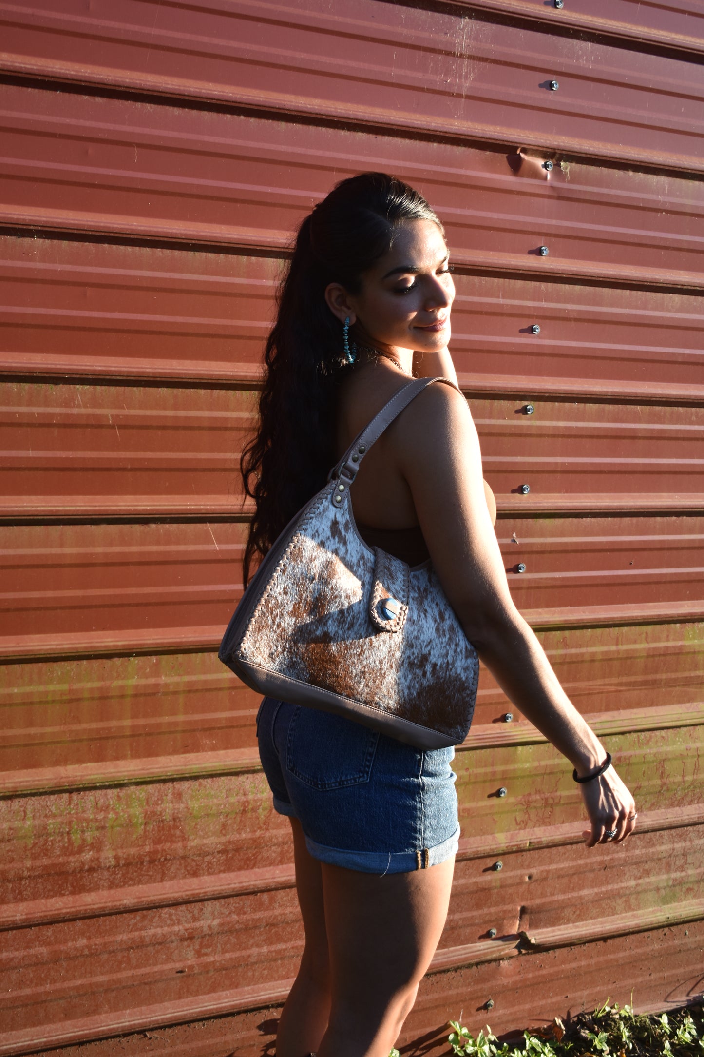 Turquoise cowhide tote bag