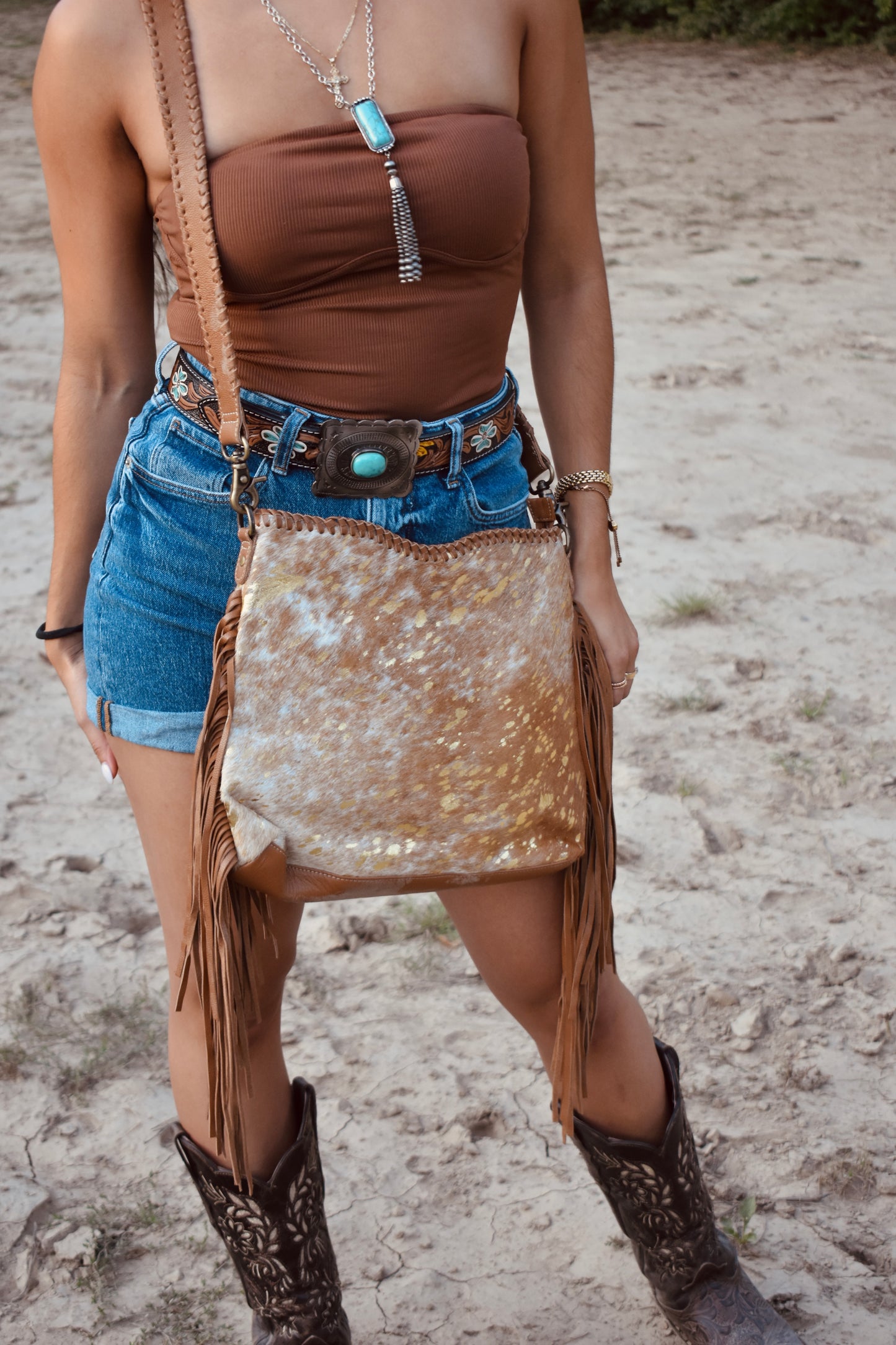 Gold specked fringe crossbody